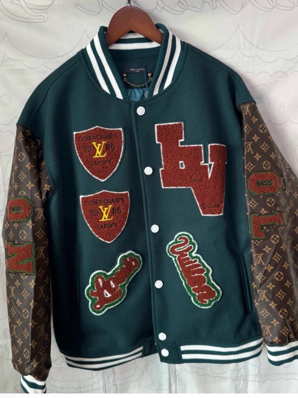 Louis Vuitton Dark Green Varsity Jacket with Brown Monogram Sleeves